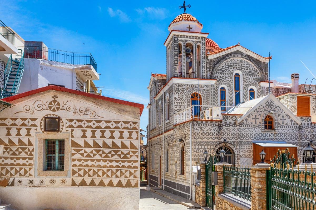 Traditional Orthodox church with ornate façade in Pyrgi, Chios