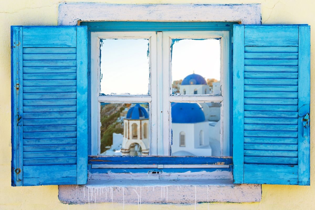 A beautiful home's window in Santorini Greece