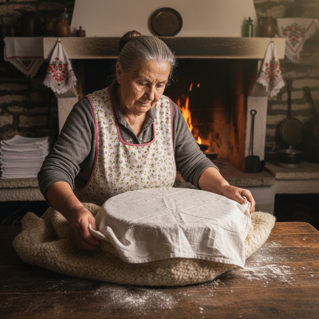 Dough covered with cloth rising in a Greek kitchen, capturing the timeless bread-making tradition of Chios.