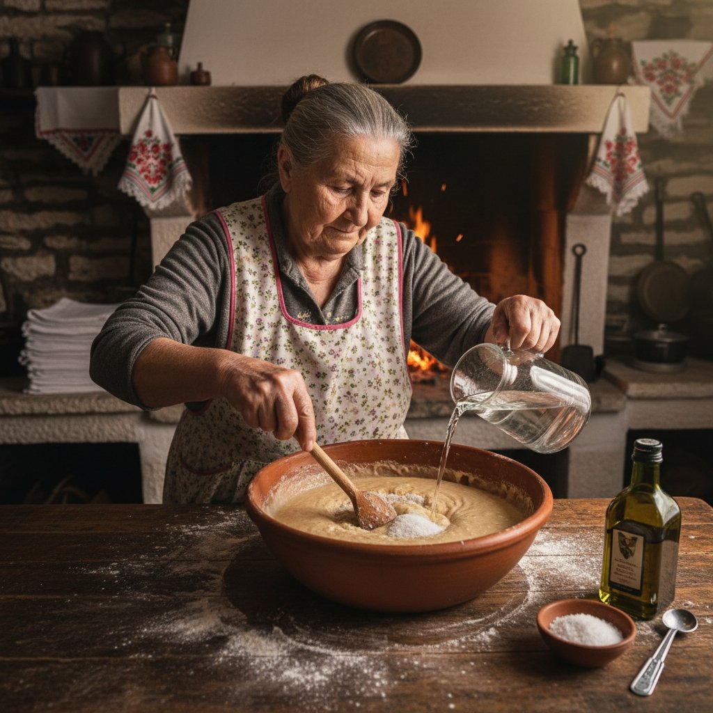 Grandmother preparing traditional Chios bread dough in a warm village kitchen.