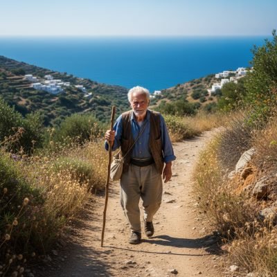 An elderly Ikarian man walking a scenic hillside path, showcasing natural movement as part of daily life.