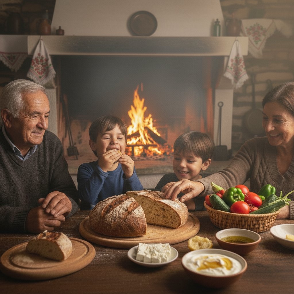 Greek family enjoying fresh-baked Chios bread around the table with dips and vegetables.