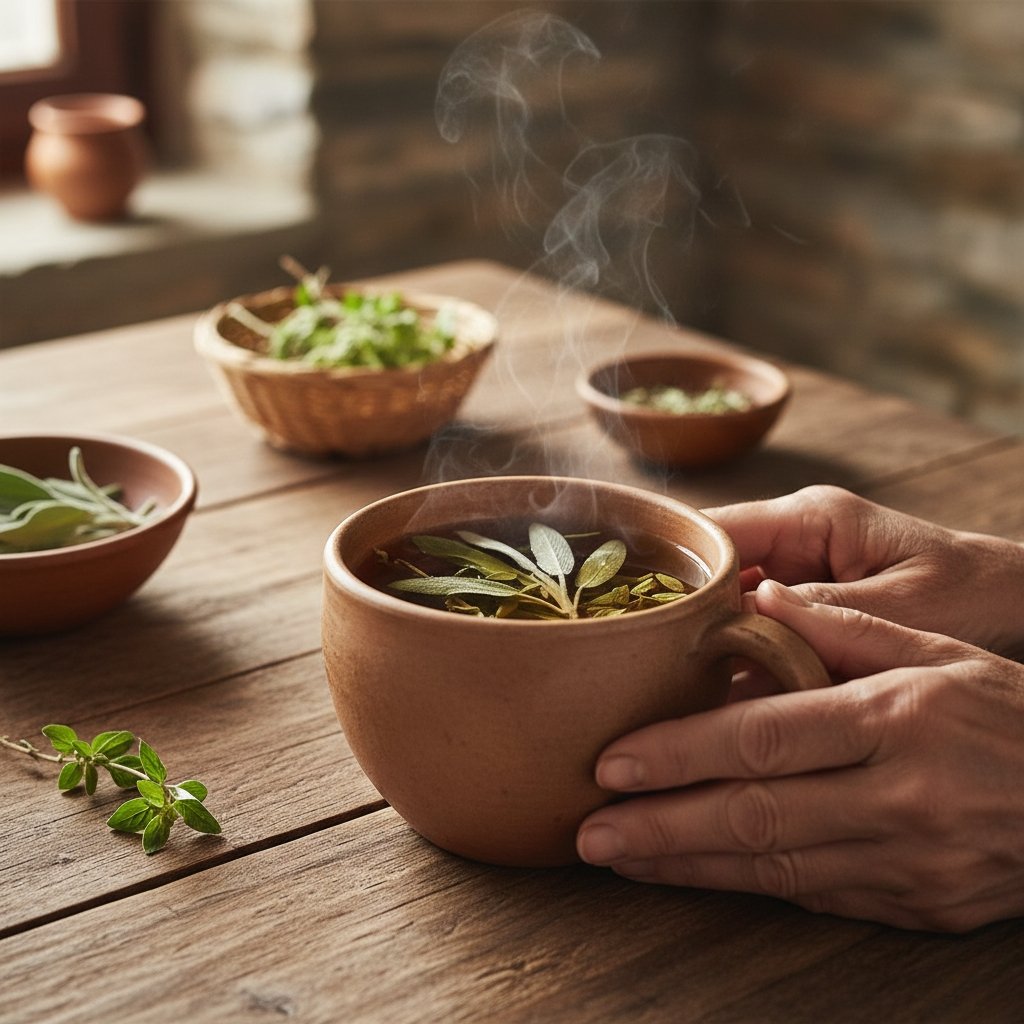 A warm cup of herbal tea made from sage and oregano, served in a clay mug as part of Ikaria’s health rituals.