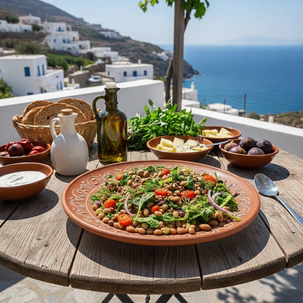 A traditional Ikarian meal with legumes, olive oil, and herbs served on a terrace overlooking the Aegean Sea.