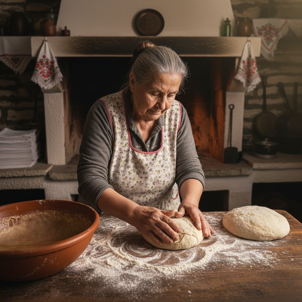 Elderly woman kneading soft dough for authentic Chios village bread on a floured wooden counter.