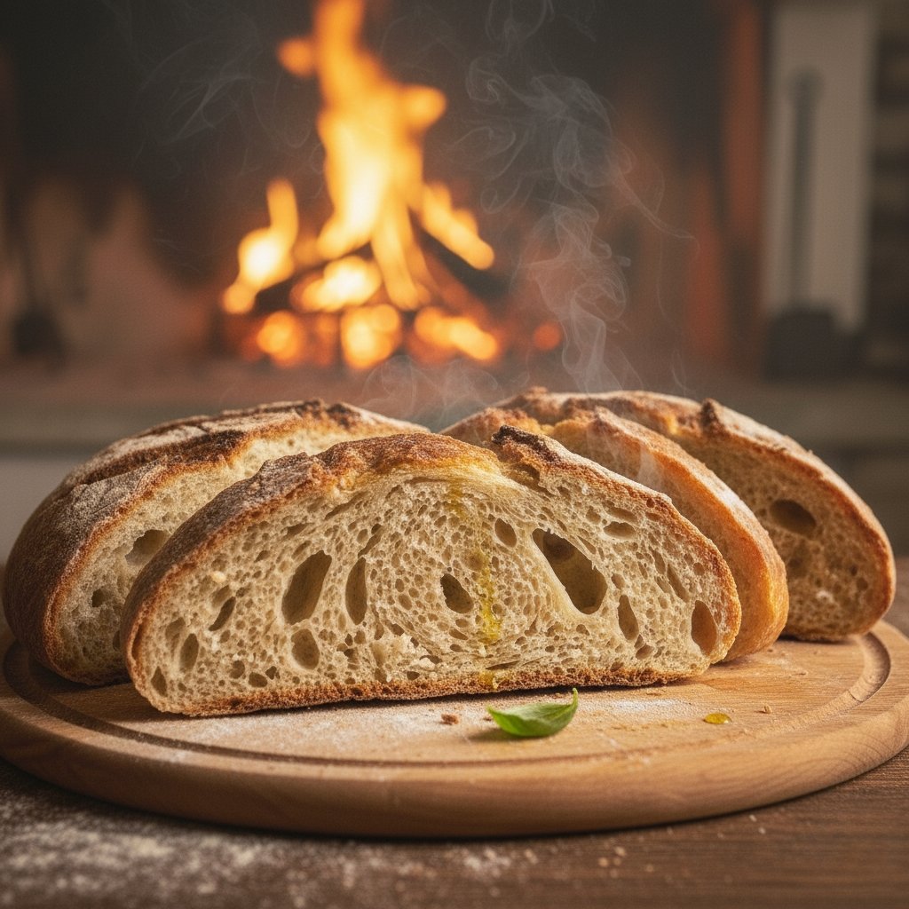 Freshly sliced Chios bread with golden crust and airy center served warm by the fireplace.