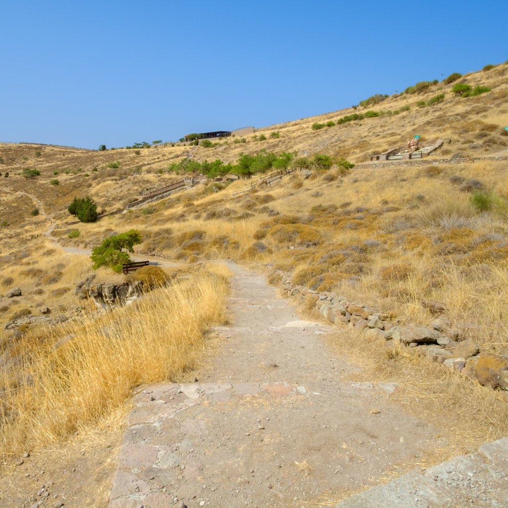 Dry walking trail leading through the protected Petrified Forest area of Lesvos