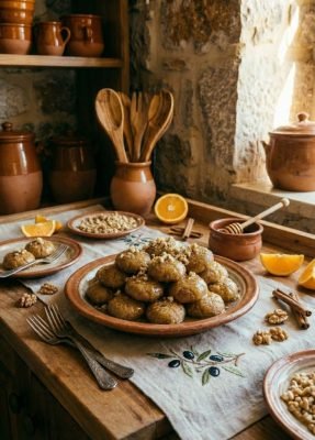 Finished Greek melomakarona served with honey and walnuts on a rustic wooden table.