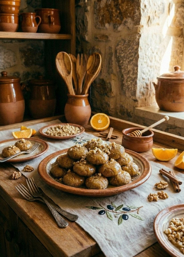 Finished Greek melomakarona served with honey and walnuts on a rustic wooden table.