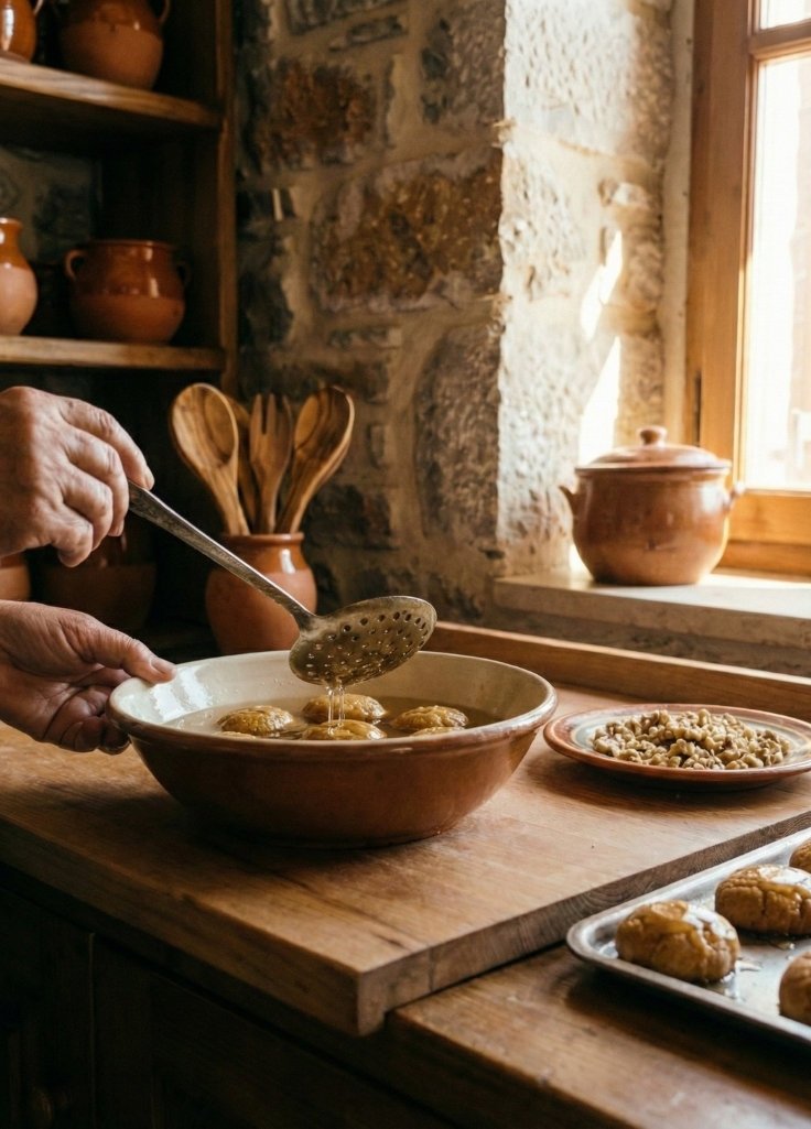 Dipping hot melomakarona into cold honey syrup following traditional Greek Christmas technique.