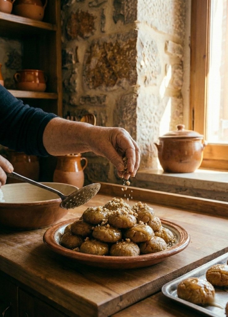 Hands putting walnuts on Greek melomakarona in a rustic stone kitchen with citrus and spices.
