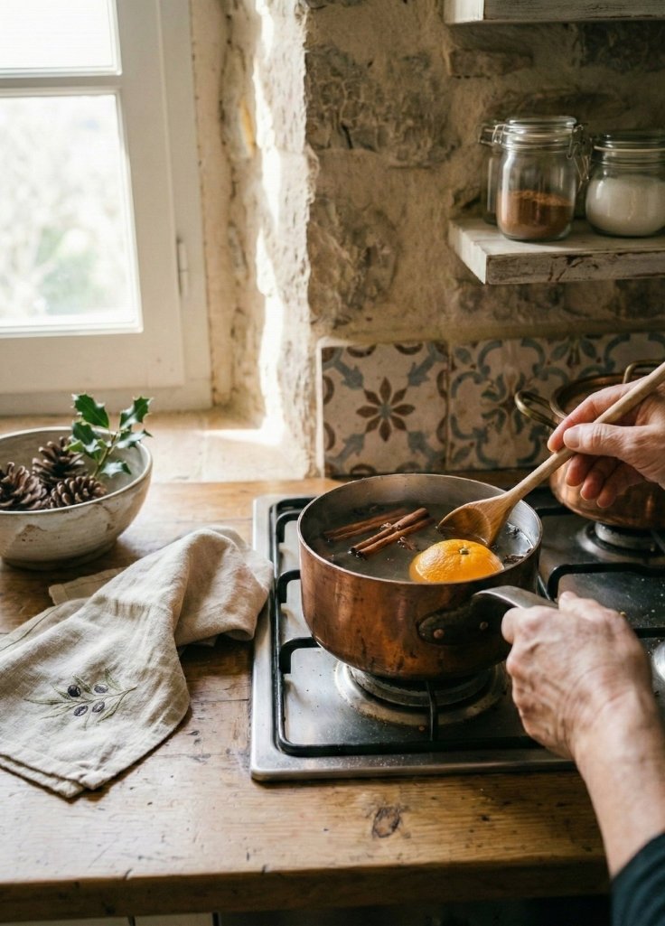 Preparing honey syrup for melomakarona in a traditional Greek kitchen using simple holiday ingredients.