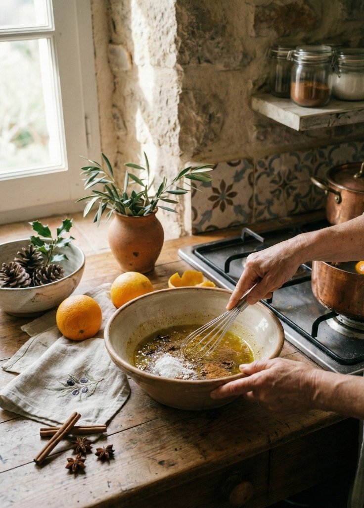 Mixing ingredients with orange zest and spices in a warm Mediterranean home kitchen.