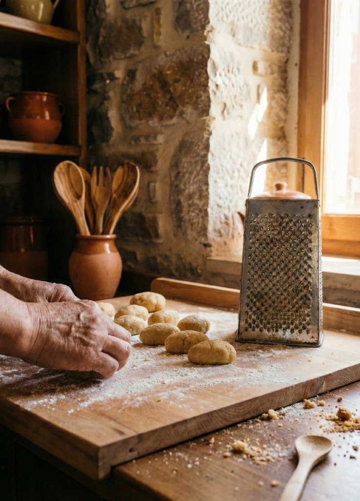 Hands shaping traditional Greek melomakarona on a wooden table in a sunlit Mediterranean kitchen.